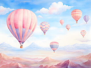 Fototapeta premium Watercolor illustration of hot air balloons of various colors floating in the sky 