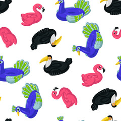 A pattern with swimming circles in the form of tropical birds toucan, flamingos, peacock, large swimming birds. This bird swimming circle is perfect for a summer themed pool party. Seamless