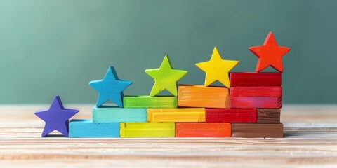 A stack of colorful wooden blocks with five stars on top
