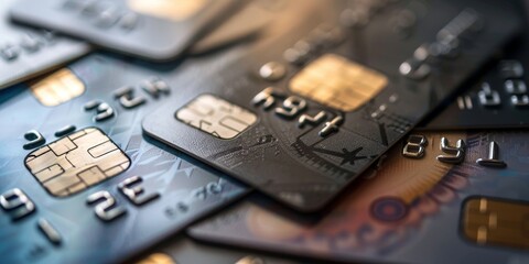 A stack of credit cards and a debit card