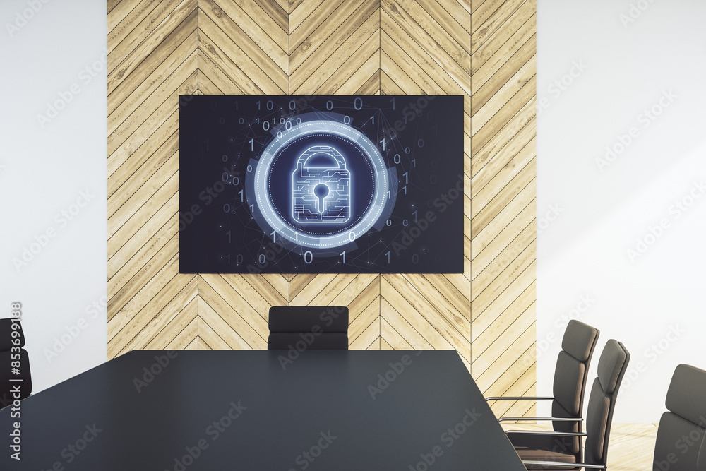 Poster Creative idea concept with lock symbol and microcircuit illustration on presentation screen in a modern conference room. Protection and firewall concept. 3D Rendering
