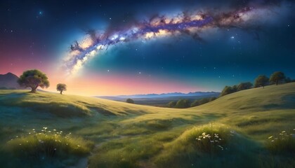 a starry night sky above a vast meadow, illuminated by the soft glow of the Milky Way.