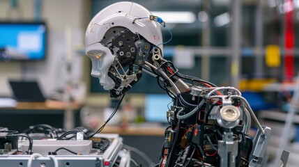 Fototapeta premium A humanoid robot with exposed components and intricate wiring in a research lab. The robot features a detailed head structure and mechanical parts