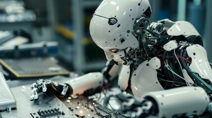Fototapeta premium An advanced humanoid robot with a white exterior and exposed wiring, meticulously assembling a circuit board in a laboratory. The robot's intricate mechanical components