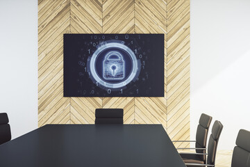 Creative idea concept with lock symbol and microcircuit illustration on presentation screen in a modern conference room. Protection and firewall concept. 3D Rendering