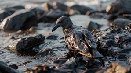 Obraz premium A seagull covered in black oil sits on a polluted rocky shore, highlighting the severe impact of oil spills on wildlife