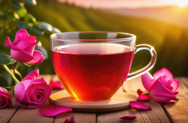 Fototapeta premium Glass cup of rose tea on wooden surface, roses flowers and petals on sunset, nature background. Healthy summer soothing and relaxation drink