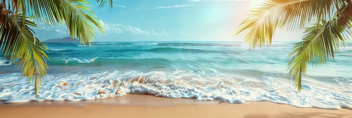 Naklejka premium An idyllic tropical beach scene featuring azure waves gently lapping at the sandy shore. Palm fronds frame the image, casting shadows and adding to the serene, picturesque atmosphere