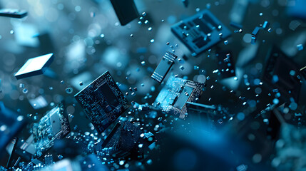 light blue computer chips floating in the air