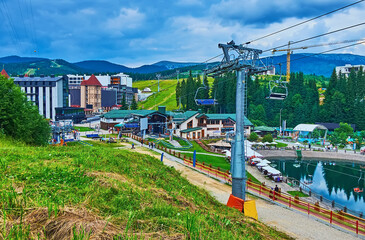 The centre of Bukovel resort with Trout Pond and modern hotels, Ukraine