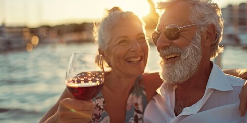 A man and woman are sitting on a boat, smiling and holding wine glasses