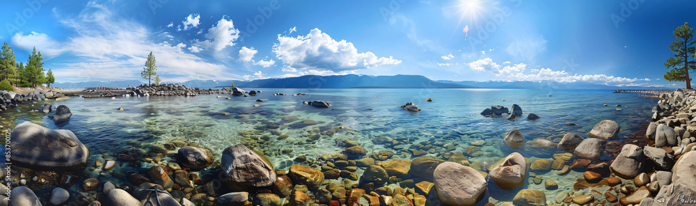 Sticker panoramic view of lake tahoe, clear water, blue sky, panoramic