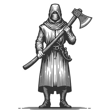 recommend clip art:  Grim Reaper executioner with Axe sketch engraving generative ai fictional character raster illustration. Scratch board imitation. Black and white image.