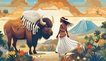 Native American an a bison illustration, Indoamerican, Indigenous people, american culture
