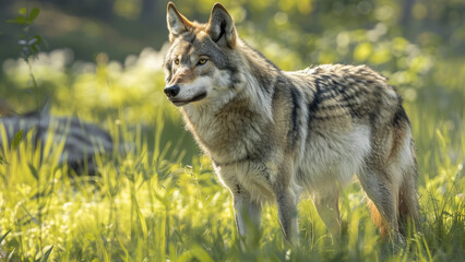 Obraz premium A serene scene of a wolf in its natural habitat, exuding strength and calm in the peaceful forest.