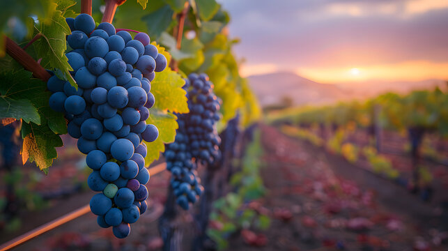 Primer plano de racimos de uva en vi&ntilde;edo al atardecer amanecer