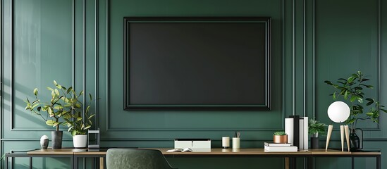 A modern study with a deep forest green wall, displaying a single large empty black frame above the desk.