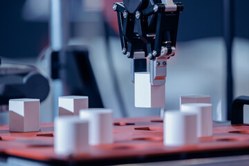 Small AI robotic arm moves heavy parts along conveyor belt, concept of automated assembly line in...