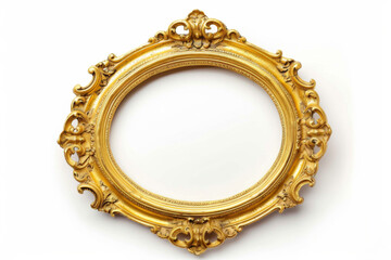 Oval Antique Gold Baroque Frame on White Background: Classic Decorative Intricate Vintage Wooden Frame with Gold Plating and Ornamental Floral and Leaf Details - Baroque Style