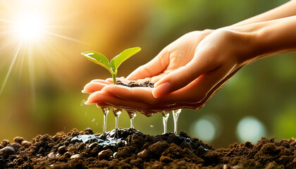 Fototapeta premium Extreme close-up of a female hand while she is pouring drops of water on a young seedling on the ground. Watering young plant and environmental conservation concept. Generative Ai.