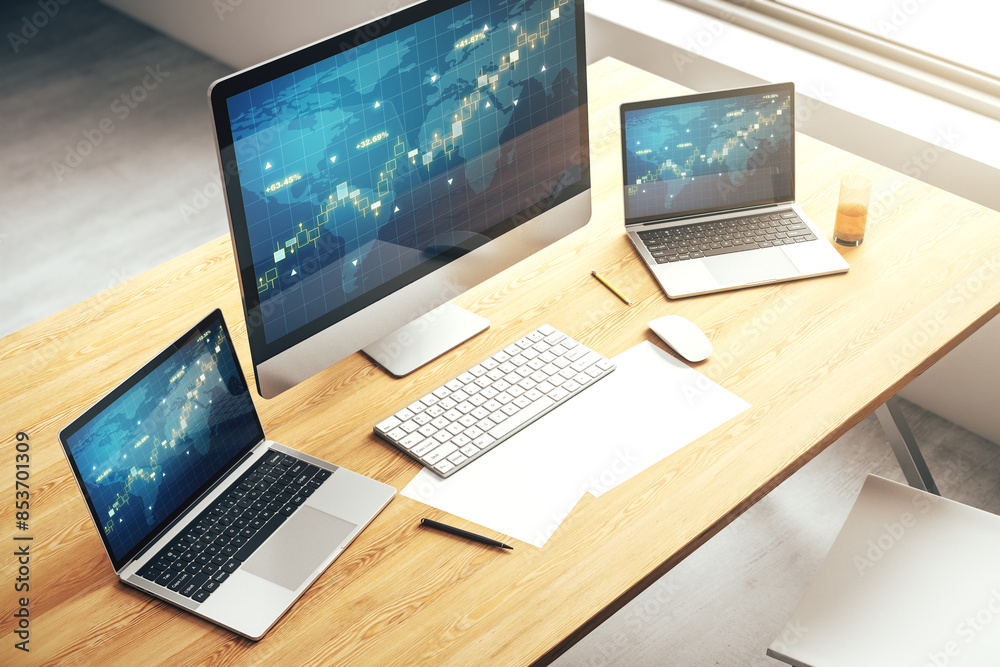 Poster Computer monitor with abstract creative financial graph with world map, financial and trading concept. 3D Rendering