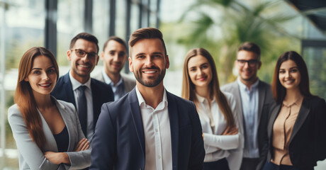 Portrait of group business people standing together in the office, happy teamwork looking at camera
