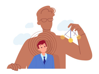 Persuade client. Persuader businessman manager seller influence enchantment to customer or employee, professional hypnosis brain control business manipulation illustration