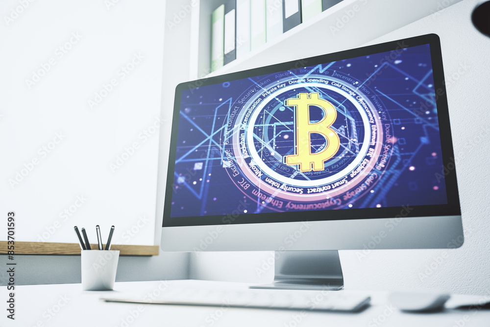 Poster creative bitcoin concept on modern laptop screen. 3d rendering
