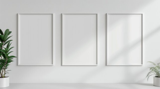 Trio of vertical mock-up posters against a white wall, minimalist interior style, bright and clean space, perfect for art or advertisement displays