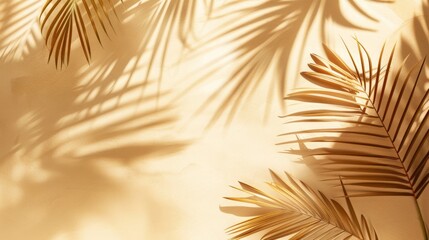 Obraz premium Aesthetic background with palm leaf shadow on beige wall, summer concept. Copy Space