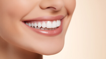 Obraz premium Close up of a beautiful radiant smile woman with perfectly aligned teeth against a beige backdrop