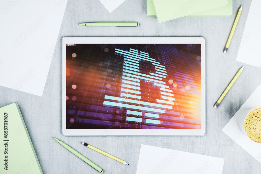 Poster Top view of modern digital tablet screen with creative Bitcoin symbol hologram. Mining and blockchain concept. 3D Rendering