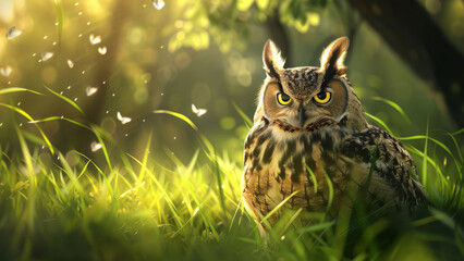 A majestic owl standing in a sunlit forest clearing, its piercing eyes reflecting the golden light.
