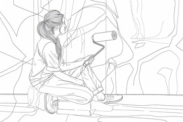 Obraz premium A single line drawing of a woman painting a wall with a roller. concept illustration on home repair, renovation, and freshening up. Generative AI