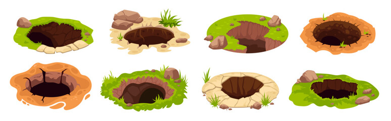 Ground pits. Big dig pit soil, earth hole mud land surface garden forest animal groundhog burrow entrance deep underground grounds holes set cartoon ingenious illustration