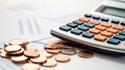 Close-up of a calculator and scattered coins on financial documents, representing budgeting, accounting, and financial planning concepts.