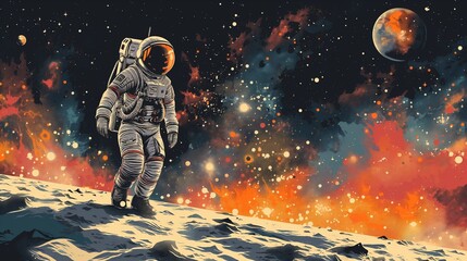 An astronaut explores a surreal, colorful cosmos, casting an awe-inspiring scene.