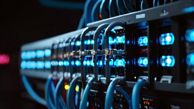 A close up of a server rack with blue and yellow indicator lights and blue cables plugged into the front video