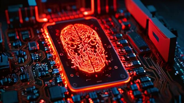 A orange glowing brain on a circuit board.