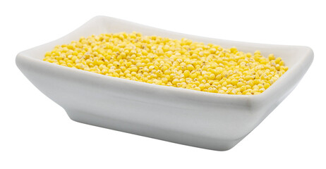 Millet in a white rectangular plate png. Side view. Isolated on transparent background