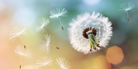 Obraz premium dandelion seeds parachute with blur background and copy space