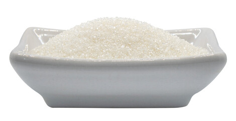 Sugar in a white rectangular plate png. Side view. Isolated on transparent background