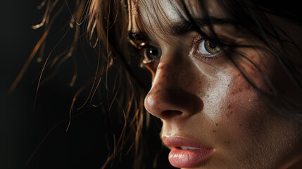 Close-up portrait of a young woman with brown hair and freckles, looking intensely off-camera.