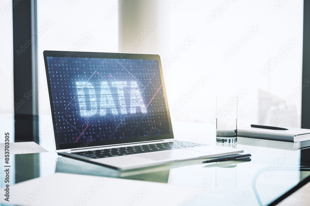 Poster creative data word sign on modern laptop screen. 3d rendering