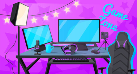Gamer workplace. Game blogger streamer table in home room, gaming setup communication streaming equipment for player desk computer headphones camera chair, neat illustration