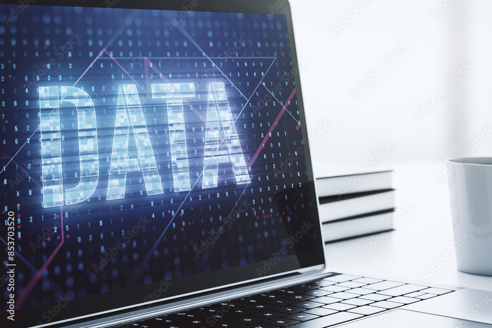 Poster creative data word sign on modern laptop screen. 3d rendering