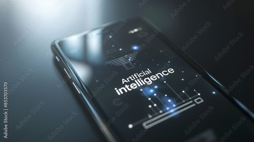 Poster top view of a mobile phone displaying ai integration on the screen, showcasing the blend of advanced