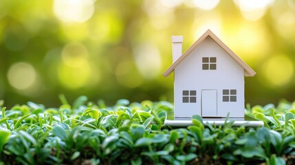 Tiny White Model House on Green Grass with Blurred Golden Sunlight in Background.