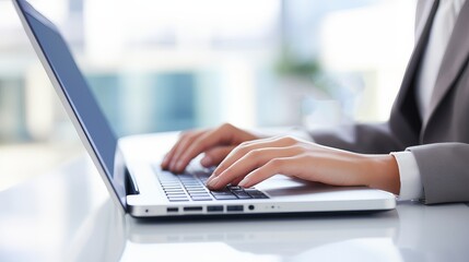 Close-up of hands typing on a laptop keyboard, showcasing productivity, technology, and modern office work environment.