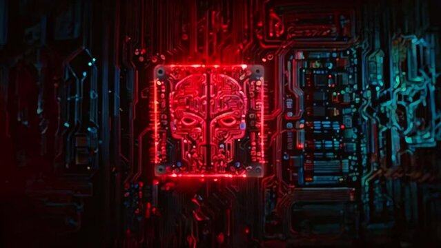This is a video of a red circuit board with a skull-shaped brain in the center. The skull-shaped brain is glowing red and there are blue lights on the circuit board.
